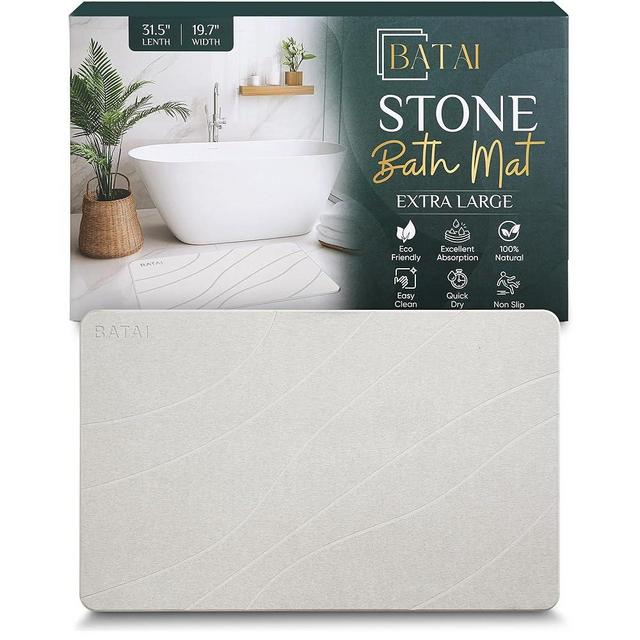 Extra Large Stone Bath Mat - (31.5” x 19.7”) - Absorbent Diatomaceous Earth Stone Bath Mat Large - Non-Slip Diatomite Bathmat - Easy Clean and Quick Drying - Long Instant Dry Bathmat - Gray Beige XL