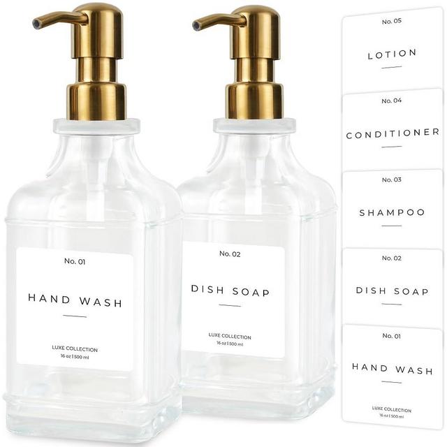 Emerson Essentials Soap Dispenser, Dish Soap Dispenser, Soap Dispenser Bathroom Set, Hand Soap Dispenser, Kitchen Soap Dispenser Set, Glass Soap Dispenser with Pump and Labels | 16 Oz, 2-Pack