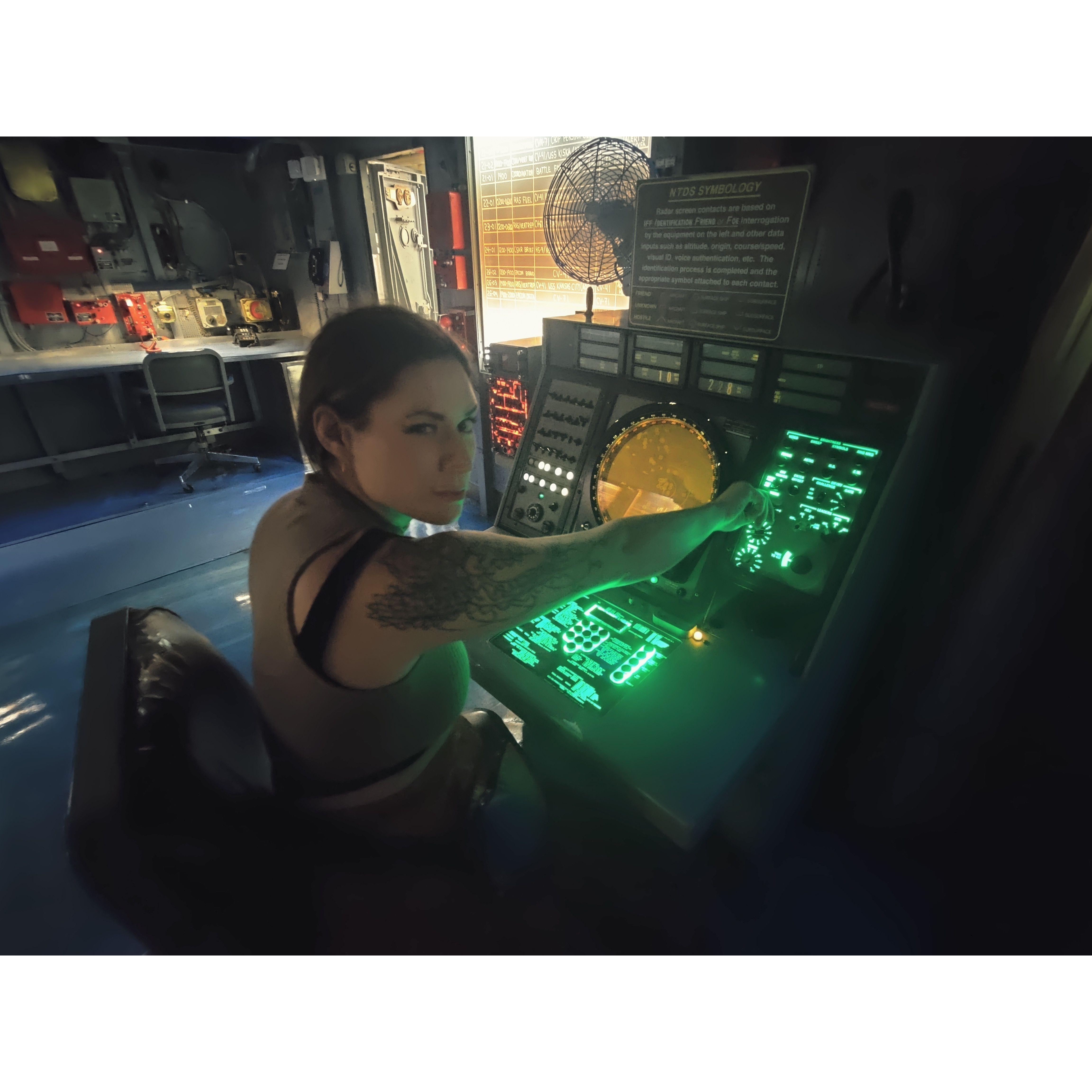 On the USS Midway. Enthusiasm over skill.