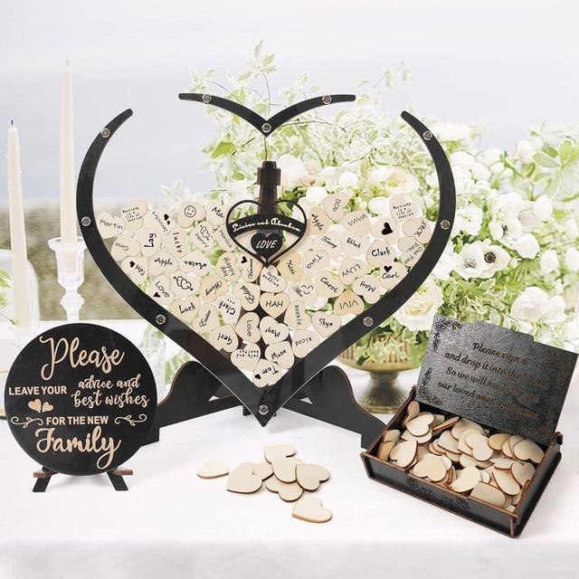 Wedding Guest Book Alternative, Rustic Wedding Book for Guests to Sign, Guest Book Frame with Hearts for Reception, Wedding Decorations, Graduation, Baby Shower (9.8" x9.4" x1.2", Black)