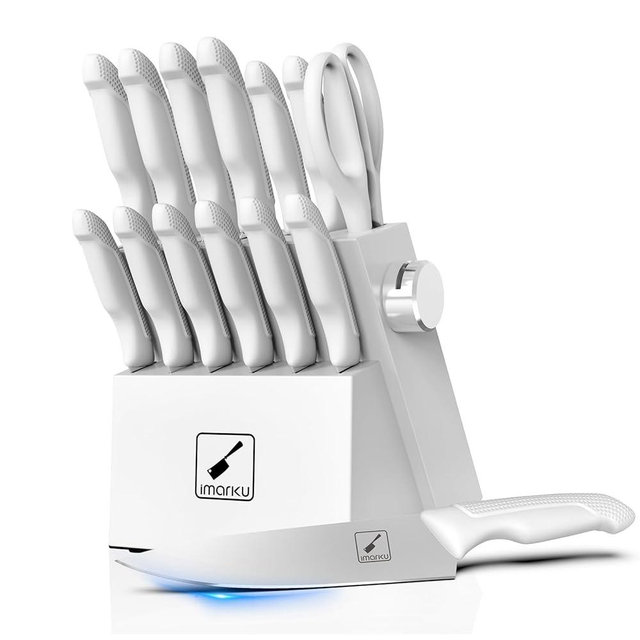 imarku Knife Set With Block, White Knife Set, Knife Block Set, 14pcs Stainless Steel Kitchen Knife Set, Kitchen Essentials for New Home, Apartment Essentials, Built-in Sharpener, Dishwasher Safe