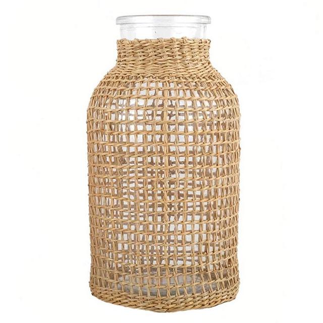 Cabilock Flower Vase Glass Desktop Vase Flower Wicker Vase Decorative Japanese Style Flower Vase Seagrass Woven Vase Table Centerpiece Decor（6.6x3x2Inch）