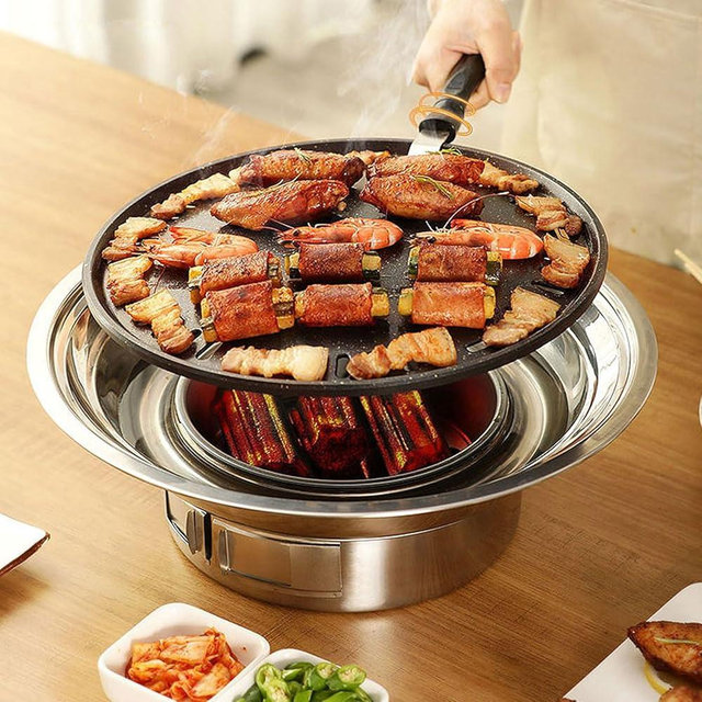PHOJEWI Korean BBQ Grill Charcoal, Small Charcoal Grill 13.7 Inches Portable Grill Stainless Steel Barbecue Grill Tabletop kbbq grill Outdoor Indoor Camping