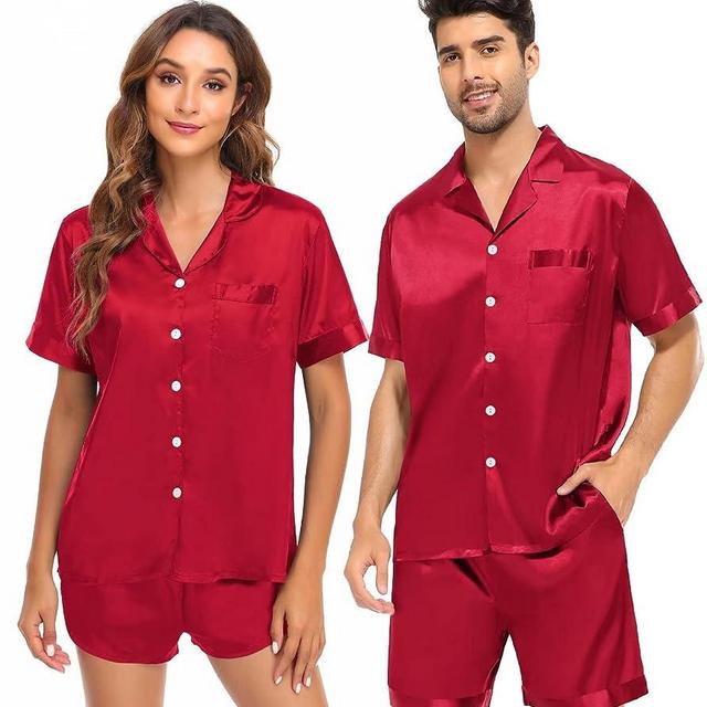SWOMOG Couple Satin Matching Pajamas Sets Short Sleeve Sleepwear Silk Button Down Nightwear2 Pieces Loungewear with Shorts