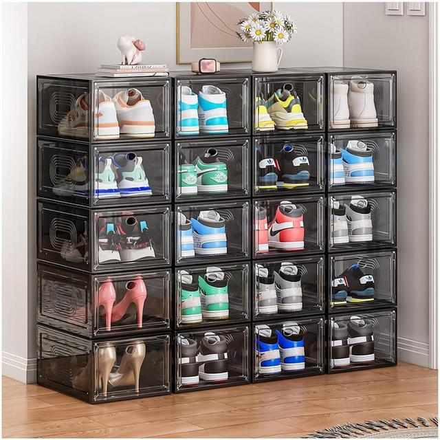 cakraie 10 Pack Thicken Shoe Organizer Stackable,Upgraded Sturdy Shoe Storage Box with Magnetic Door,Shoe Containers For Sneaker Display,Hat Organizer,Black…