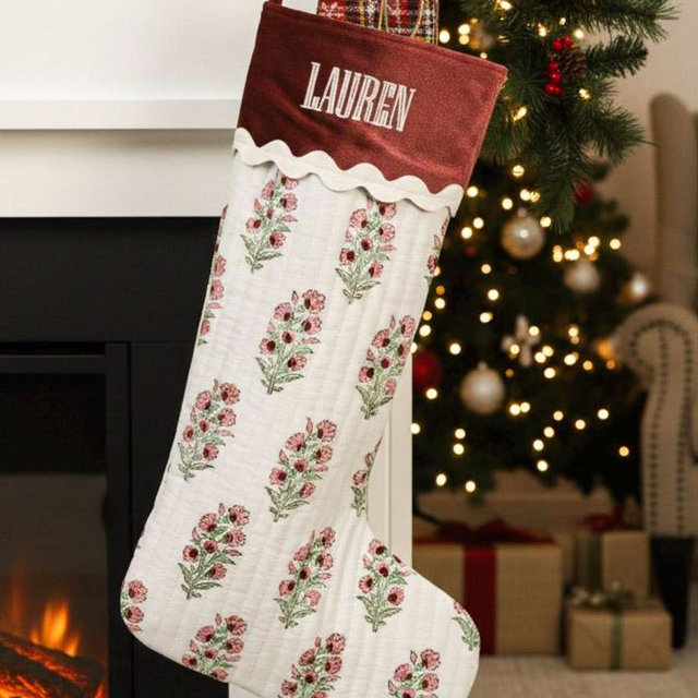 Personalized Quilted Block Print Stocking for Christmas with Name Embroidery