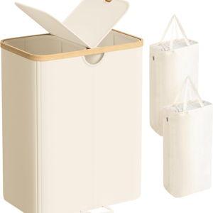 SONGMICS Laundry Hamper with Lids, Laundry Basket with 2 Compartments, 39 Gal. (150 L), Removable Liner Bag, for Laundry Room, Bedroom, Living Room, Cream White and Light Bamboo ULCB523W01