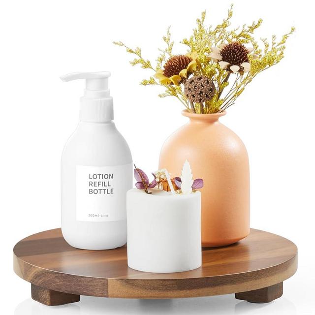 Round Acacia Wood Tray Farmhouse Bathroom Decor Pedestal Stand Decorative Kitchen Vanity Counter Sink Accessories Wooden Riser for Soap Dish, Perfume, Candle, Sponge, 9"