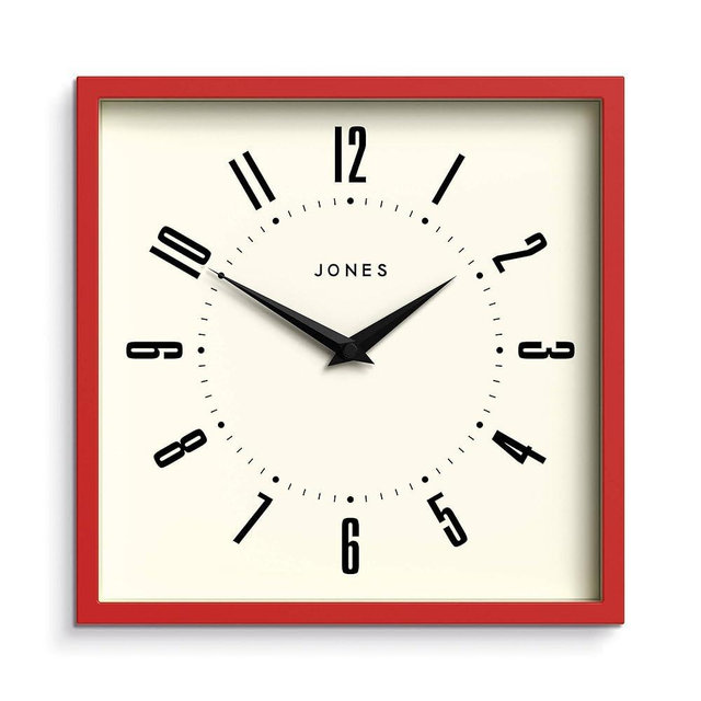 JONES CLOCKS® Box Wall Clock | Retro Square | 10 inch | Red | Easy to Read Numbers | Perfect Kitchen or Office Clock