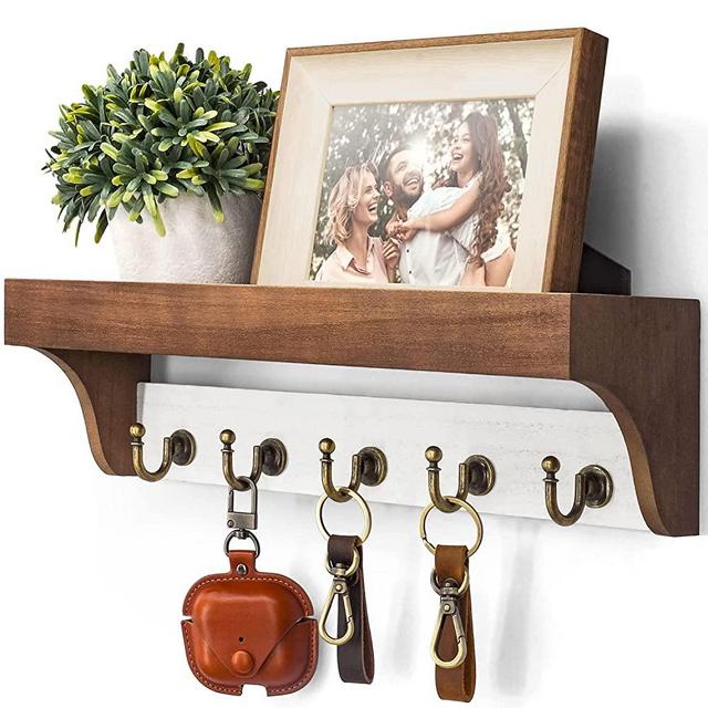 Rebee Vision Key Holder for Wall with Shelf : Farmhouse 2-Color Key Rack with 5 Rustic Keys Hooks and Primitive Wood Mail Organizer Wall Mount - Decorative Entryway Décor (Retro Brown)