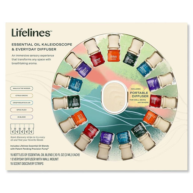 Lifelines Essential Oil Blends Collection Gift Set with Everyday Diffuser, 15-Pack - Blended Essential Oils for Aromatherapy Diffusers - Scented Fragrances for Joy, Calm, Focus & Energy