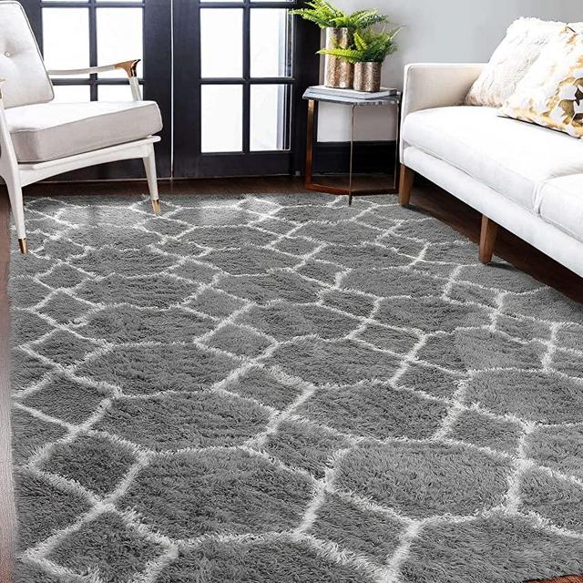 BSTLUV Grey Fluffy Rugs for Living Room,Bedroom,5x8 Feet,Modern Shag Rug,Large Area Rug,Plush Accent Rugs for Girls,Kids Room,Baby Nursery Decor,Big Rug,Geometric Rug,Trellis Rug,Floor Rug,Gray/White