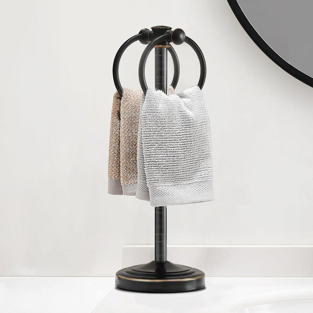 Hoimpro Bronze Stainless Steel Standing Towel Rack Bracket, Double Towel Ring Hand Towel Holder with Weighted Base, 16" High Oil Rubbed Bronze Towel Bar for Bathroom Vanities and Kitchen Countertops
