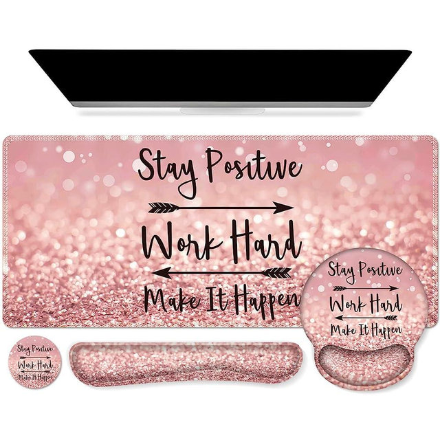 iCasso Desk Mat, Gaming Mouse Pad Wrist Support Set,4in1 XXL Large Mousepad + Keyboard Wrist Rest+Mouse Wrist Rest+Coaster Set with Ergonomic Design for Home Office Table Computer-Pink Stay Positive