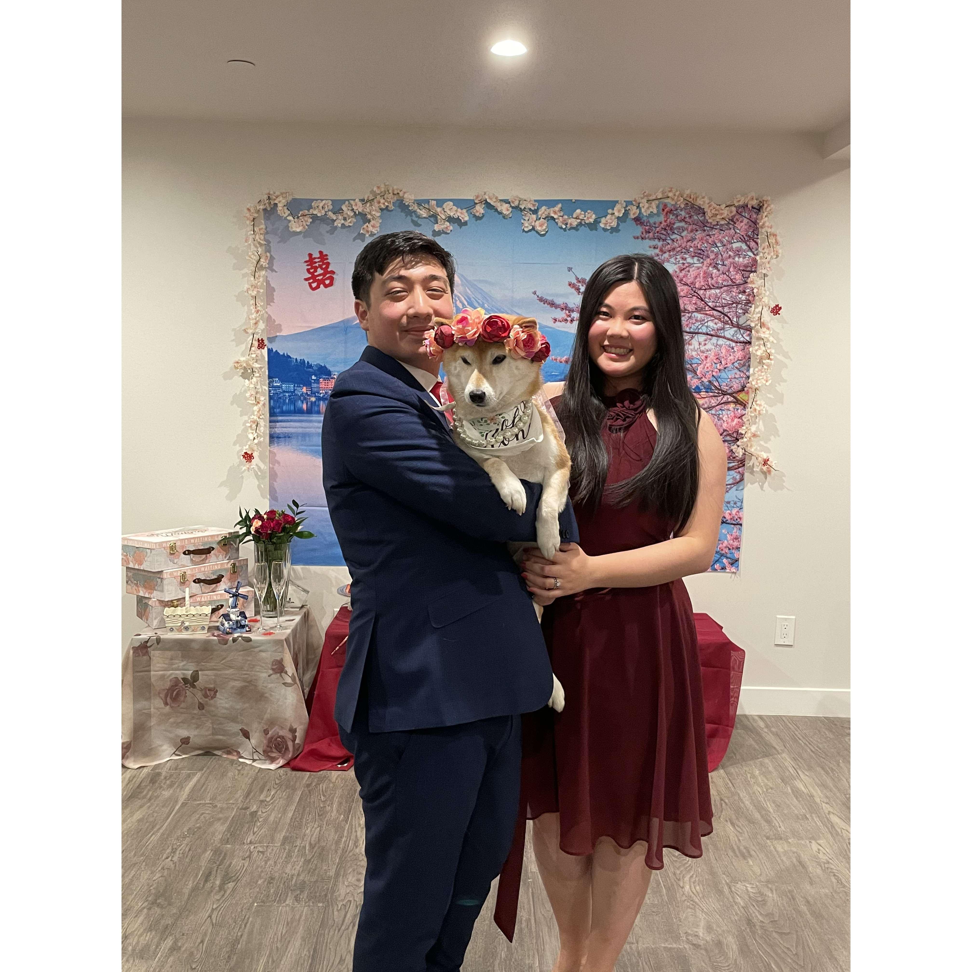 Our legal wedding ceremony was over Zoom in 2021 - Misty was our dog of honor!