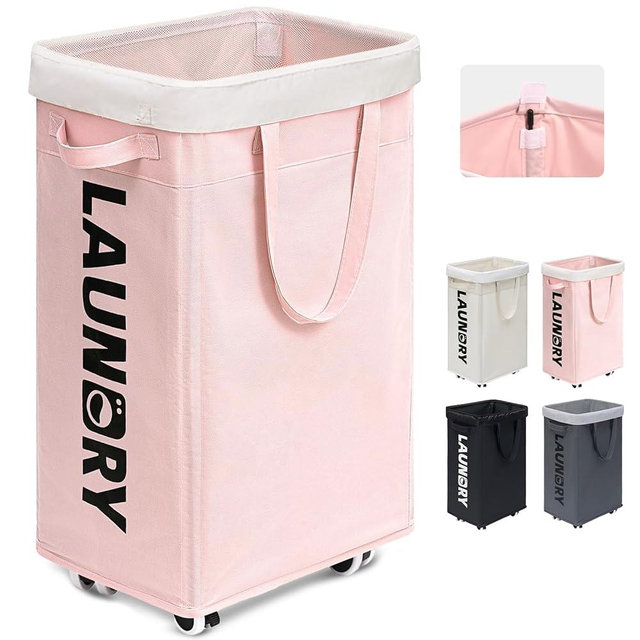 Goodpick Laundry Hamper with Wheels, 75L Collapsible Laundry Basket on Wheels, Rolling Laundry Hamper with Removable Wash Bag for Living Room, Pink Laundry Basket with Handle for College Dorm