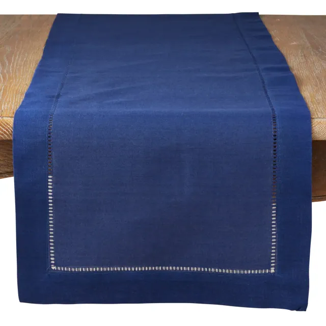 Saro Lifestyle Classic Hemstitch Border Table Runner, Navy Blue, 16" x 120"
