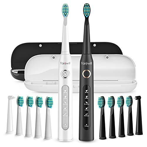 Fairywill Dual Electric Toothbrushes - Powerful Cleaning with 5 Modes, Smart Timer, 10 Brush Heads & 2 Travel Cases, Rechargeable Whitening Sonic Toothbrush with One 4 hr Charge Lasting 30 Days