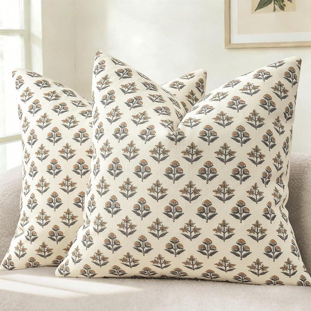YCOLL Farmhouse Floral Print Throw Pillow Covers 20x20 Set of 2, Rustic Decorative Cushion Covers for Sofa Couch Bed Living Room, Vintage Floral Patterned Cottage Home Decor, Rust Copper