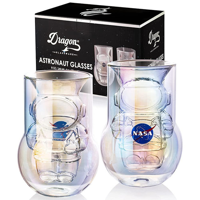 NASA Astronaut Glasses, Double Wall Iridescent Drinkware with NASA symbol and Artemis patch, Unique and Fun Gift for Space Enthusiasts, Keeps Drinks Cold Longer, 7 oz Capacity, Set of 2
