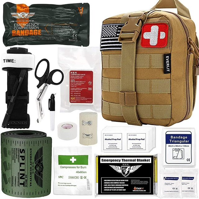 Everlit Emergency Trauma Kit, Multi-Purpose SOS Everyday Carry IFAK for Wilderness, Trip, Cars, Hiking, Camping, Father’s Day Birthday Graduation Gift for Him Men Husband Dad Boyfriend and More (Tan)