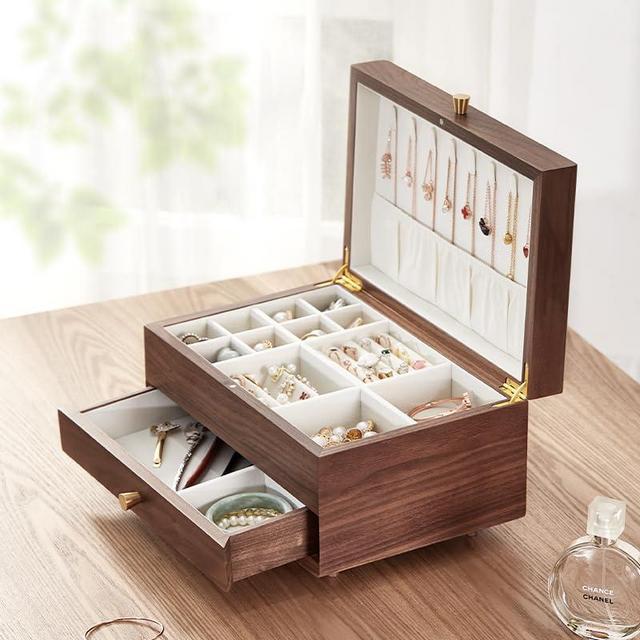 CHOSIN Black Walnut Wooden Jewelry Box for Women, Classical Wooden 2 Layer Jewelry Storage Watch Necklace Ring Earring Storage Gifts