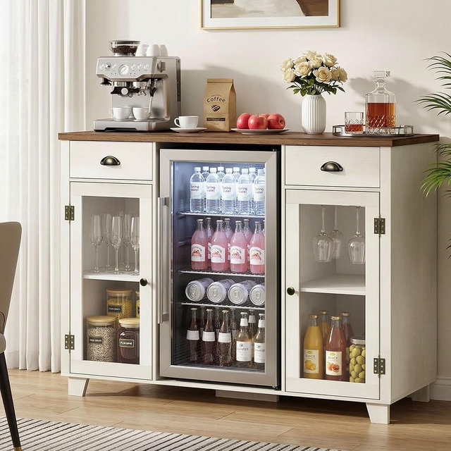 LAZZO 52" Mini Fridge Cabinet Large Coffee Bar with Mini Fridge Space,Power Outlet & Goblet Holder Bar Cabinets for Home Buffet Cabinet with Storage for Kitchen Dining Room Living Room Beige (52" L)