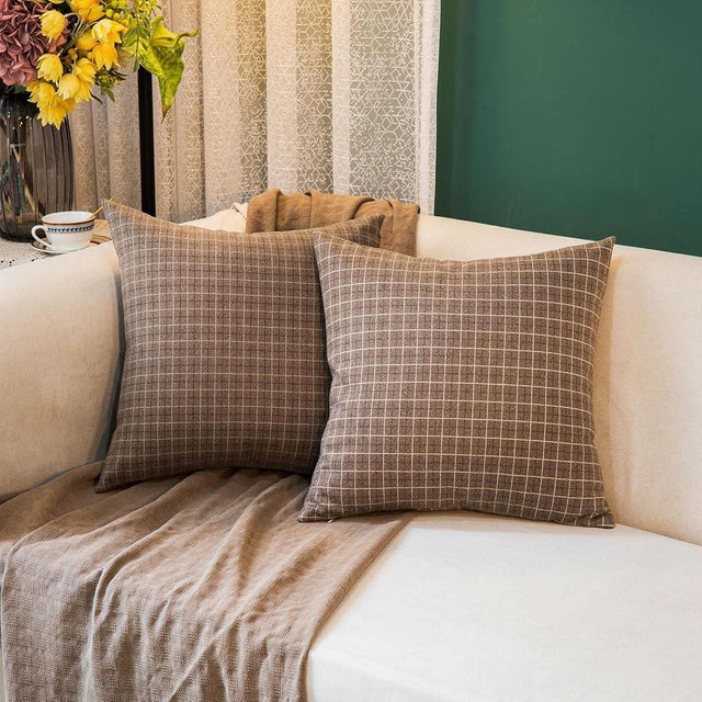 GLORY SEASON Tweed Throw Pillow Covers Woolen-style Fabric Square Pillow Cases for Farmhouse Cushion Case and Home Sofa Couch Decor Pack of 2,18x18 Inch Senior Brown Plaid
