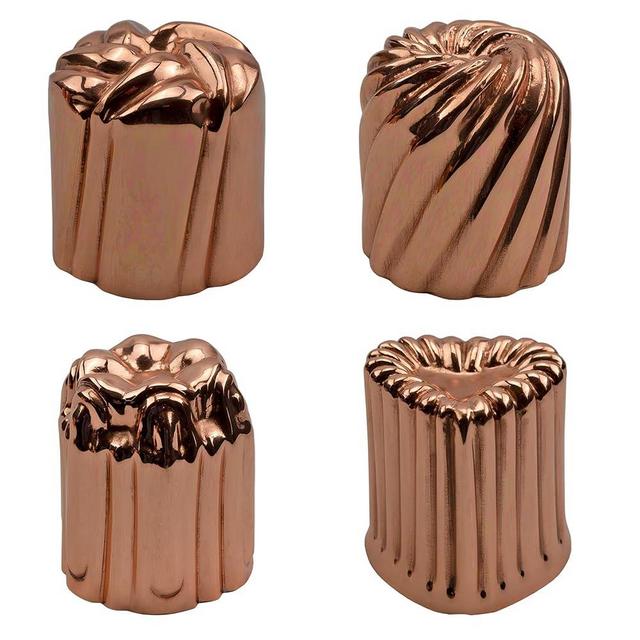Darware Copper Canelé Pastry Molds (Set of 4 Shapes); 2-Inch Bordeaux French Custard Cannelés Cake Traditional Pastry Baking Molds with Heat-Conducting Copper