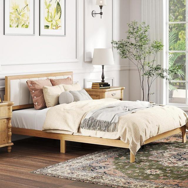HOMCOM Queen Size Bed Frame with Upholstered Headboard, Platform Bed Frame with Wooden Slats, No Box Spring Needed, Easy Assembly, Natural