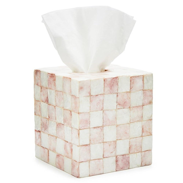 MACKENZIE-CHILDS Boutique Square Capiz Tissue-Box Cover, Decorative Tissue Holder, Pink-and-White Rosy Check