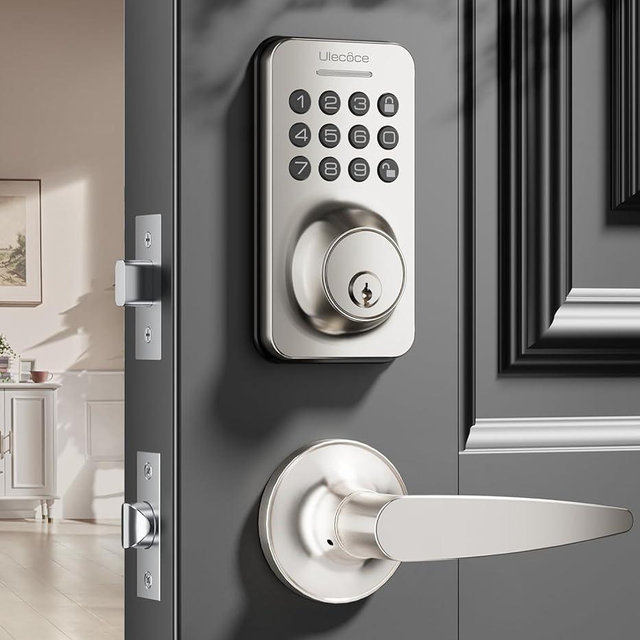 Keyless Entry Door Lock Deadbolt with Handle Set, Keypad Door Lock with Handle Smart Door Locks for Front Door with Set Code Door Lock with Easy Installation, Auto Lock, (Satin Nickel)