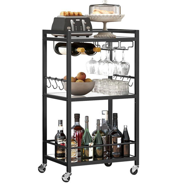 TUTOTAK Bar Cart, Home Bar Serving Cart, Microwave Cart, Drink Cart, Mobile Kitchen Shelf with Wine Rack and Glass Holder, Rolling Beverage Cart, Black BC01BK033