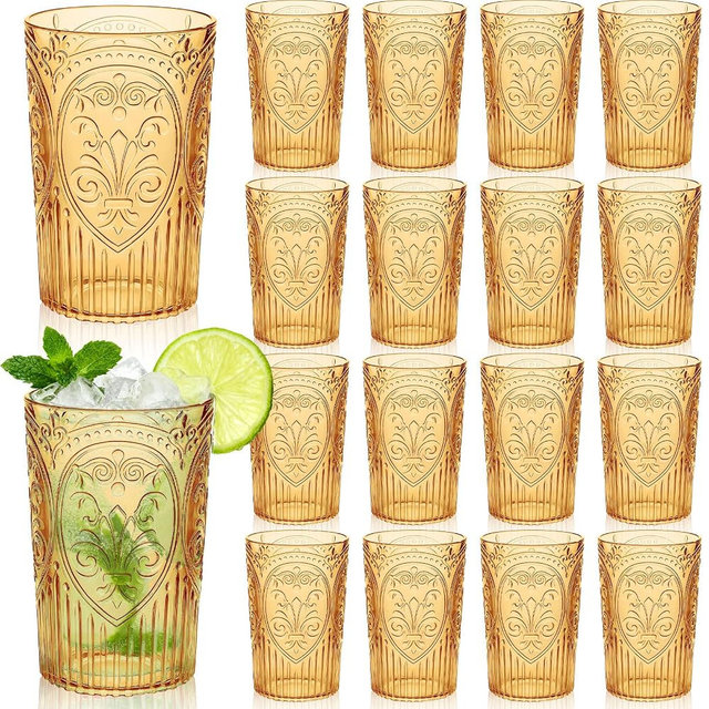 Acellegic 24 Pcs Plastic Vintage Drinking Glasses - 16 oz Stemless Ribbed Highball Glasses Bulk Embossed Reusable Cup for Water Beer Cocktails Juice Wedding Bridal Shower Birthday Event Party (Amber)