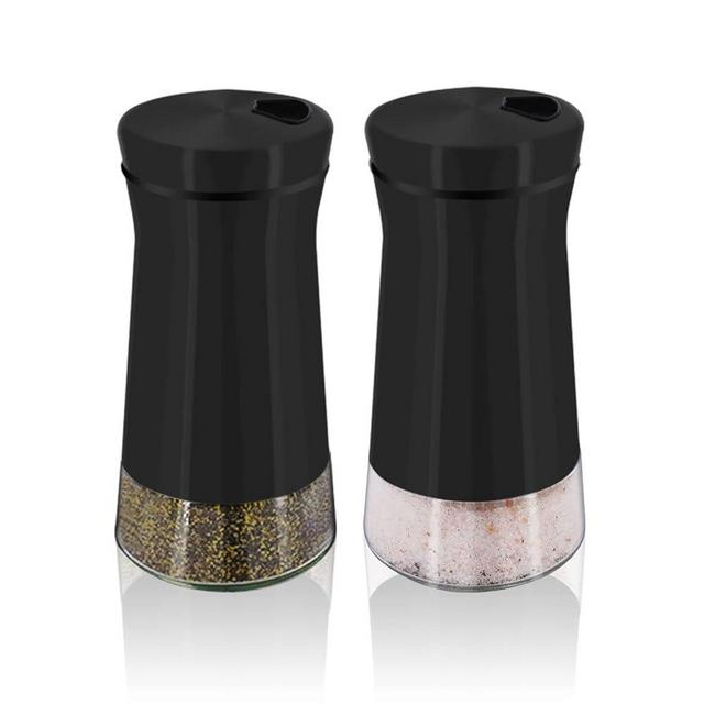 Black Salt and Pepper Shakers with Adjustable Pour Holes, 2PCS Refillable Black Salt Shaker by Aelga, Perfect for Black Pepper, Kosher and Sea Salts