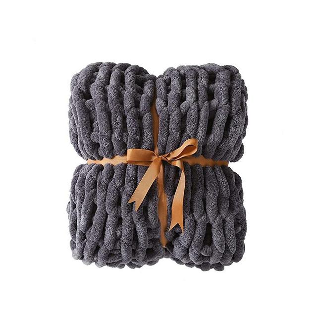 ZonLi Chunky Knit Throw Blanket 60"x80"- Soft Large Cable Knitted Chenille for Bed Sofa Boho Fluffy Blanket (Grey, 60''x80'')