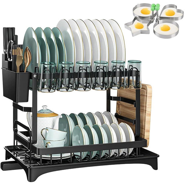 WellWyze Large Dish Drying Rack, 2-Tier Rust Proof Stainless Steel Dish Drainers for Kitchen Counter, Space Saving Design + 4 Egg Rings, Utensil Holder & Drainboard, Black