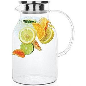 Hiware 64 Ounces Glass Pitcher with Stainless Steel Lid, Water Carafe with Handle, Good Beverage Pitcher for Homemade Juice and Iced Tea