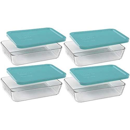 Pyrex Basics Clear Glass Food Storage Dishes, 4 (3-Cup) Oblong Dishes with Turquoise Plastic Lids
