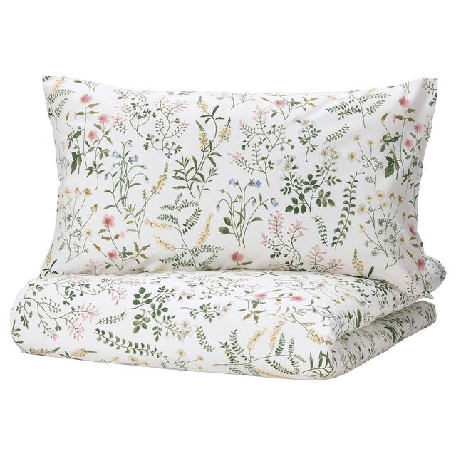 TIMJANSMOTT Duvet cover and pillowcase(s), white/floral pattern, Full/Queen (Double/Queen)