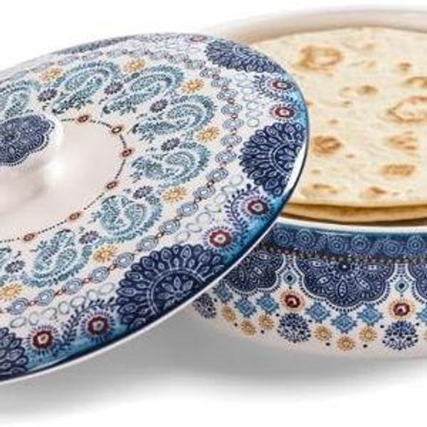 Bico Blue Talavera Ceramic Tortilla Warmer, 8.9 Inch Tortilla Holder with Lid for Taco Bread Pancake for Mexican Night and Party, Microwave and Dishwasher Safe
