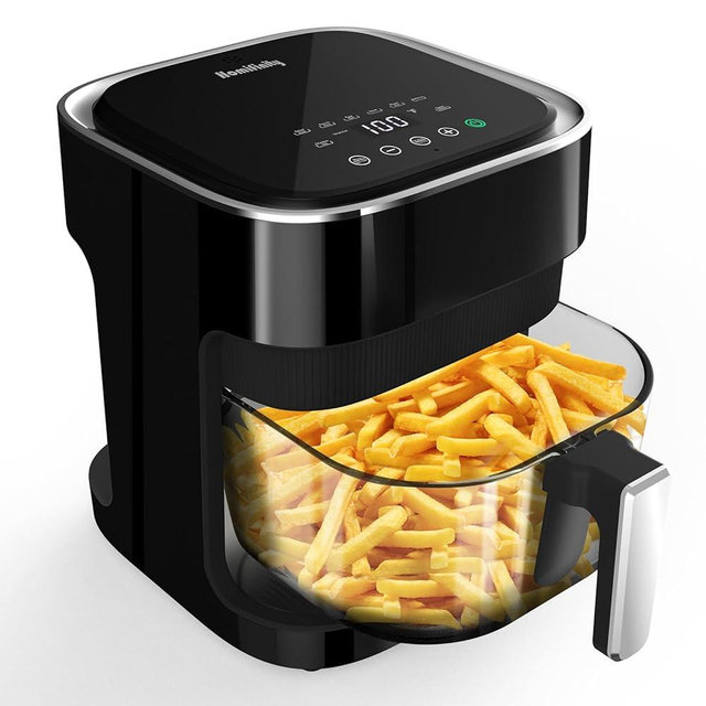 Glass Air Fryer with 8-in-1 Preset Cook Modes, 4.5 QT Transparent Viewing Pot, Non-Toxic, Dishwasher Safe, 97% Less Oil, Precise Temperature Control & Timer, Stainless Tray & Silicon Coaster Included