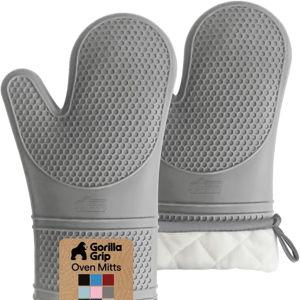 GORILLA GRIP BPA-Free Soft Silicone Oven Mitts, Heat Resistant and Waterproof Cooking Gloves, Thick Cotton Lining, Flexible Gripping for Baking Grilling, Kitchen Potholders Set of 2, 12.5x8.3, Gray