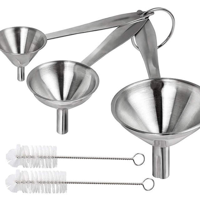 Kitchen Metal Funnels for Filling Bottles, YGDZ 3pcs Small Food Stainless Steel Funnels Set for Transferring Liquid Essential Oils, 2pcs Cleaning Brushes