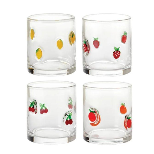 Pandex 14 oz Icon Glasses, Set of 4 - Handcrafted Soda-Lime Drinking Glasses with 3D Molded Fruit Icons (Lemon, Orange, Cherry, Strawberry) - Whimsical Juice Tumblers for Spring & Summer