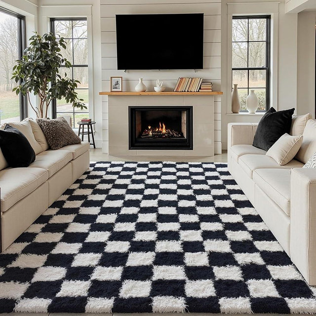 PureCozy Checkered Rug 6x9 for Living Room, Black and White Modern Shag Rug Washable Non-Slip Large Area Rug Super Soft Indoor Fuzzy Carpet Fluffy Rugs for Bedroom Home Aesthetic Decor