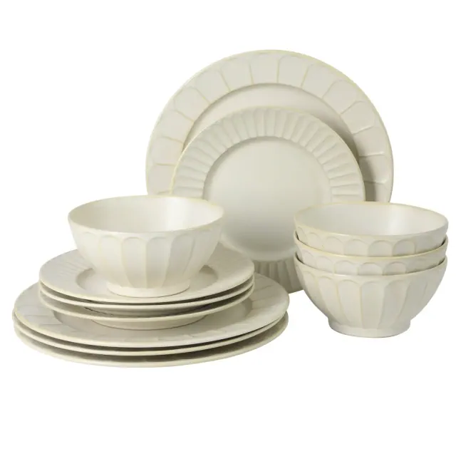 Gibson Elite Winchester Way 12-Piece Embossed Stoneware Reactive Dinnerware Set – Off White