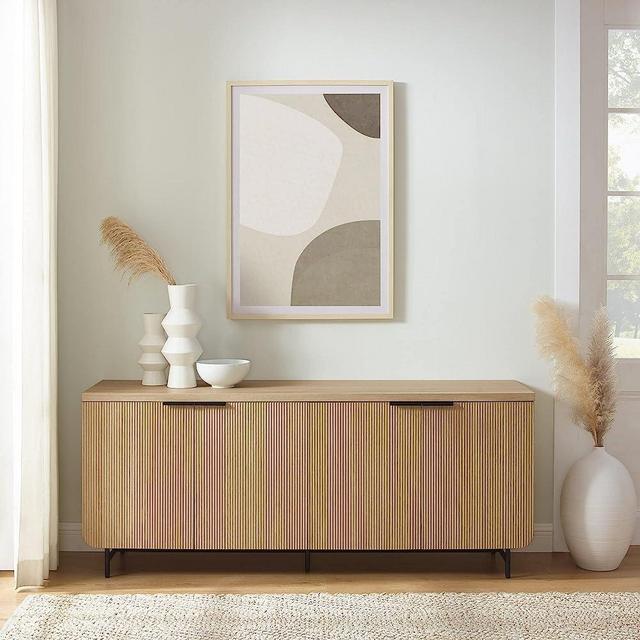 Walker Edison Modern Scandinavian Fluted Door Kitchen Storage Sideboard Buffet Cabinet Console, 69 Inch, Coastal Oak/Black