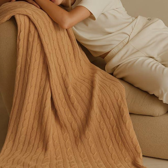 Netbors 100% Pure Cotton Cable Knit Throw Blanket, Ultra Soft Breathable All Seasons Comfy Knitted Lightweighted Washable Blanket for Couch Bed, Farmhouse Home Decor, Gift Package, 60" x 70" Camel