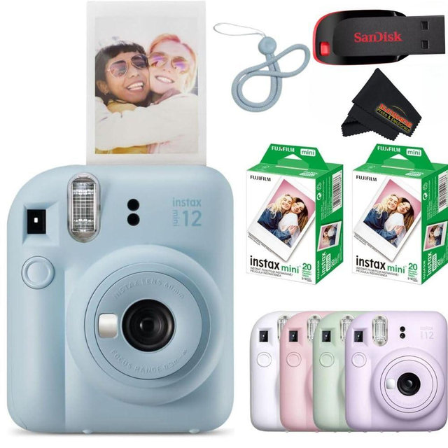 Fujifilm Instax Mini 12 Instant Camera Pastel Blue with Sandisk 32 GB USB Flash Drive + 40 Sheets Fujifilm Instax Mini Film and Sunshine Photo Microfiber Cleaning Cloth Bundle